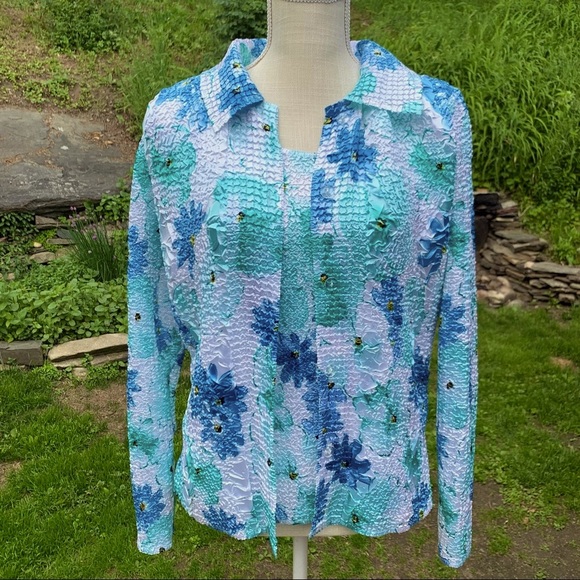 Two piece popcorn top and jacket blue green floral design Guessing L-XL - Picture 2 of 16